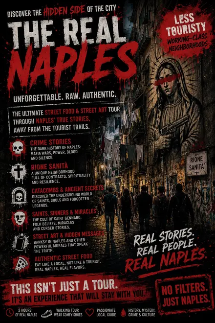 👁️ Descubre el lado oculto de la ciudad. La Verdadera Nápoles 👀👁️ Excelente e inolvidable Tour de Street Food & Street Art de Nápoles – Historias de las Calles, Barrios obreros menos turísticos, 👁️👀 descubre los secretos más oscuros de la ciudad: verdaderas historias de crimen, poder y la Camorra 👁️