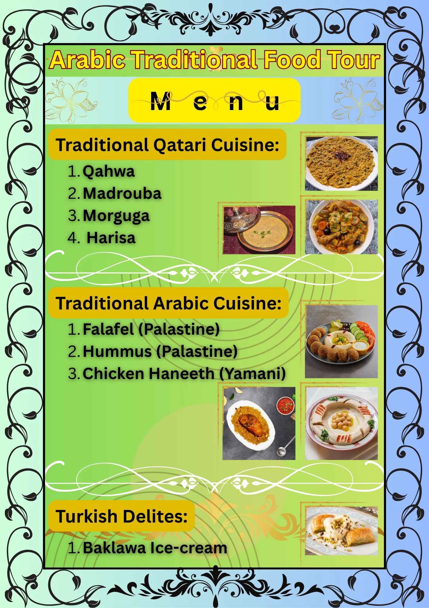 Recorrido gastronómico tradicional árabe por Souq Waqif con vistas al horizonte de Doha.