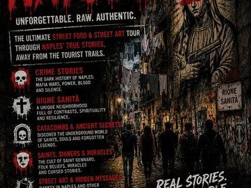 👁️ Entdecke die verborgene Seite der Stadt. Das wahre Neapel 👀👁️ Exzellente und unvergessliche Street Food & Street Art Tour durch Neapel – Geschichten von den Straßen, weniger touristische Arbeiterquartiere, 👁️👀 entdecke die dunkelsten Geheimnisse der Stadt: wahre Geschichten von Verbrechen, Macht und der Camorra 👁️
